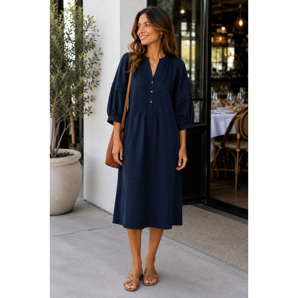 J. McLaughlin Navy Blue Cotton Pintuck Midi Dress 3/4 Sleeve Pockets Womens M